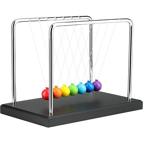 Newtons Cradle Balance Pendulum Balls, Large Newton's Cradle 7 Color Beads with Black Base, Science Physics Educational Learning Tool, Office Home Desk Decoration, Stress Relief Gadget