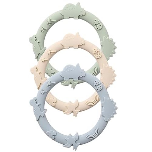 Silicone Teethers for Babies 0-6 6-12 Months Teething Toys for Infants Baby Chew Toys for Sucking Needs Baby Teething Rings for Infant Boys and Girls 3 Pack-Dinosaur-Blue