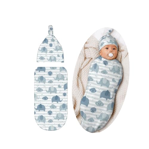 Cute Elephant Baby Stuff Swaddle Blanket Hat Set for Boys Girls, Soft Newborn Swaddle Wrap Receiving Blanket Shower Gift