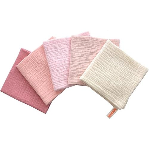 Baby Washcloths, Soft Cotton Wipes for Newborn, 12 x 12 inches, 5 Pack (Rosy Embrace)