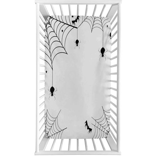 Spider Web Fitted Crib Sheet,Spiders Bats and Little Stars Monochrome Cobwebby Design Spooky Horror Elements Microfiber Silky Soft Toddler Mattress Sheet Fitted,28"x 52"x 8'',Baby Sheet for Boys Girls
