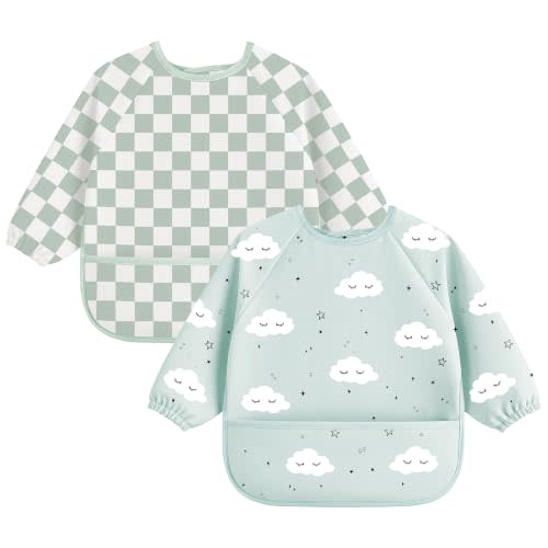 Bearmoss 2 Pack Long Sleeve Baby Bibs, Waterproof Smock Bibs for Eating | 6-36 Months Adjustable Fit Shirt Bibs for Babies & Toddlers , Front Crumb Pocket, Mess-Proof Feeding Essentials