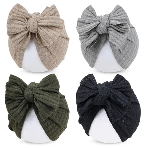 Cinaci 4 Pieces Baby Girls Turban Hats with Bow Newborn Hospital Caps Bonnets Beanies Headwraps for Infants Toddlers