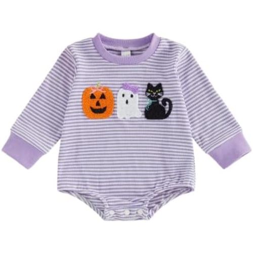 Baby Boy Girl Halloween Outfit Embroidery Striped Long Sleeve Bubble Romper