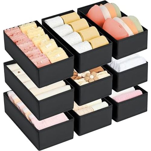DIMJ Drawer Organizer Clothes - Underwear Organizer Sock Closet Organizers and Storage Box Dresser Organizer, Drawer Dividers for Baby Clothes, Bra, Socks, Belt, Tie, Set of 9, Black
