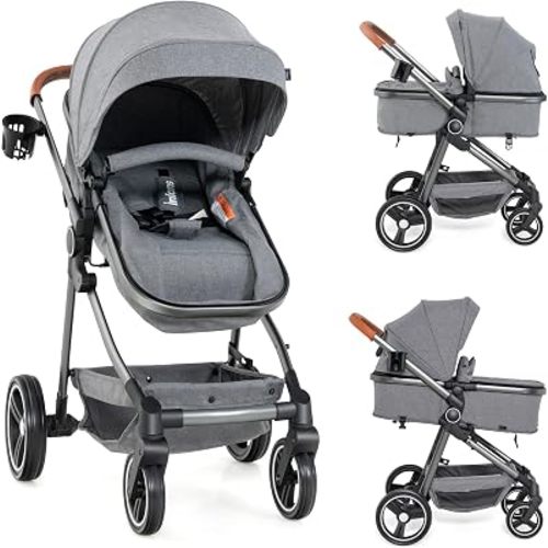 INFANS 2 in 1 Baby Stroller, Newborn Convertible Stroller Bassinet for Infant, Foldable High Landscape Shock Absorption with Reversible Seat, Aluminum Structure for Toddler Pushchair 0-36 Month