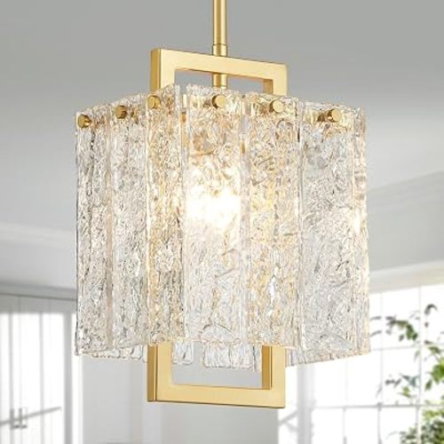 Shrine Lighting Gold Chandeliers, Modern Glass Pendnat Light for Dining Room, D6.3''×H19.5'', Adjustable 50.8'', 1 x E12 Sockets, Glass LampShade & Gold Finish Frame