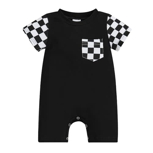 Newborn Baby Boy Summer Outfit Romper Short Sleeve Plaid Print Patchwork Jumpsuits Cute Infant Clothes