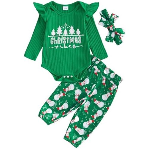 Baby Girl My 1st Christmas Outfits Letter Long Sleeve Romper Tops+Bell Bottom Pants+Headband 3 Pcs Clothes Set