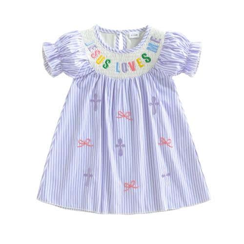KMBANGI Baby Girl Christian Outfit Smocked Jesus Loves Me Dress Baptism | Toddler Girl Christian Dress, Puff Sleeves, Kids Baptism Dresses, Jesus Loves Me Sundress, Girls Princess Outfit