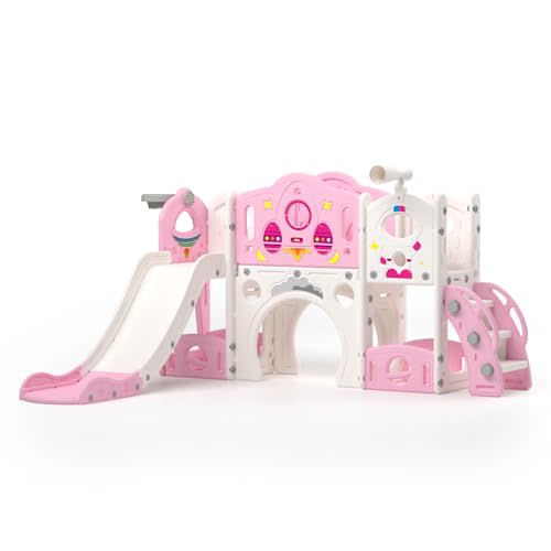 NYEEKOY 9 in 1 Toddler Slide and Climber Playset Freestanding Backyard Playground for Children Age 1-4, Indoor Outdoor Kids Slide with Basketball Hoop,Telescope, Ring-toss and Storage Space