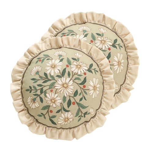 ISAENNE Design Round Floral Linen Throw Pillow Covers Diameter 16" Pack of 2,Beige Simple Elegant Daisy Pattern Cushion Covers Decor Pillowcases for Bed,Living Room,Outdoor,Car