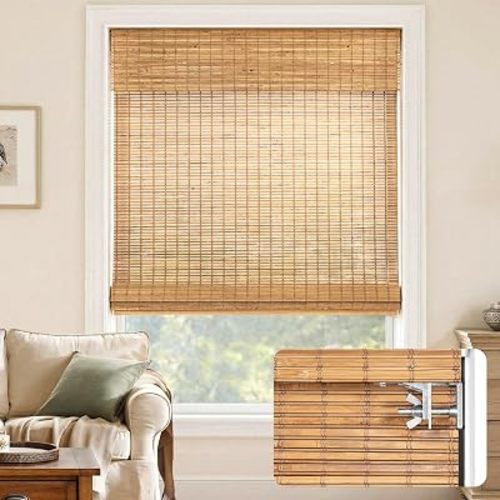 LazBlinds No Drill Bamboo Roman Shades, 34.5" W x 64" H, Malay Oak