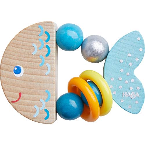 HABA Rattlefish Wooden Baby Rattle and Teething Toy with Plastic Rings, Teething Toys 6-12 Months, Grasping Toy for Babies, Made in Germany