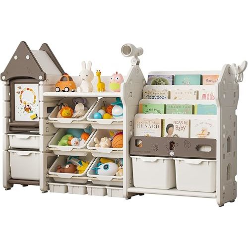 UNICOO® Magic Castle Kids Toy Storage & Bookshelf Organizer with 14 Easy-Pull Bins, Durable HDPE Material, Multifunctional Play Collection with Painting Board & Telescope, Children's Bookcase (Brown)