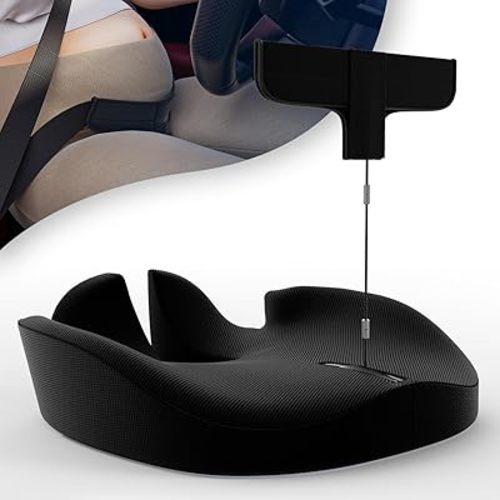 Pregnancy Car Seat Cushion for Pregnant Drivers and Passengers - Patent Pending - NHTSA Recommended - Prevent Compression of Belly - Easy to Set Up - Memory Foam for Sciatica, Hip, Coccyx Pain Relief