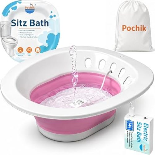 Pochik Electric Sitz Bath for Toilet Seat, Collapsible Portable Soaking Tub for Hemorrhoids and Postpartum Care, Automatic Flushing Sitz Bath Basin with Adjustable Flow - Magenta