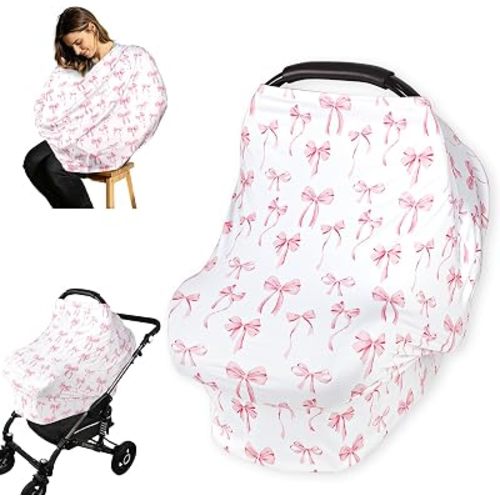 Car Seat Cover for Baby Boys Pink Bow, Multi Use Car Seat Cover Used for Breastfeeding, Strollers, High Chairs, and Shopping carts, Soft and Breathable Baby Car Seat Canopy