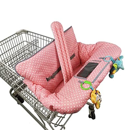 ICOPUCA Shopping Cart Cover, 2 in 1 cart Cover for Babies N high Chair Cover, Padded Grocery cart Cover for Baby Girl boy, with 1” Thick/Removable/Reversible Cushion, Pink dots;