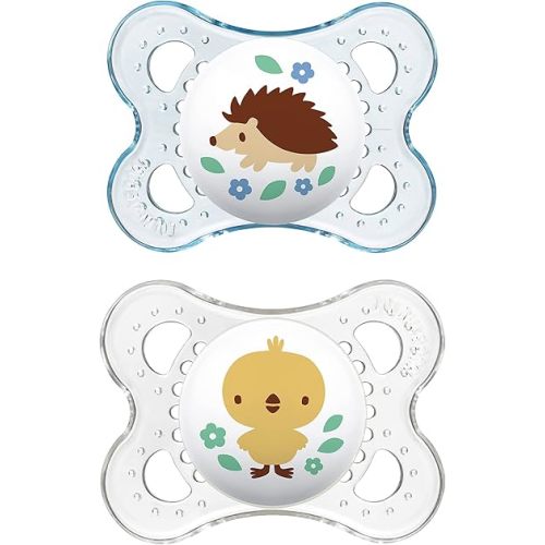 MAM Original Baby Pacifier, Nipple Shape Helps Promote Healthy Oral Development, Sterilizer Case, 2 Pack 0-6 Months, Clear/Boy