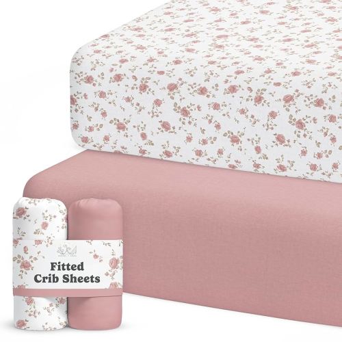 Crib Sheets Neutral - Fitted Baby Crib Sheets Bed for Girl Boy - 2 Pack Standard & Toddler Mattress (Juliette) - Buttery Soft Organic Cotton Blend