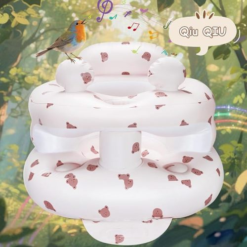 Inflatable Baby Seat for Babies 3-36 Months，[Squeaky Sound & Anti-Fall Design] Inflatable Chair with Sound-Making Ears, Baby Seat for Sitting-Up Practice, Built-in Air Pump (Ear Bear)