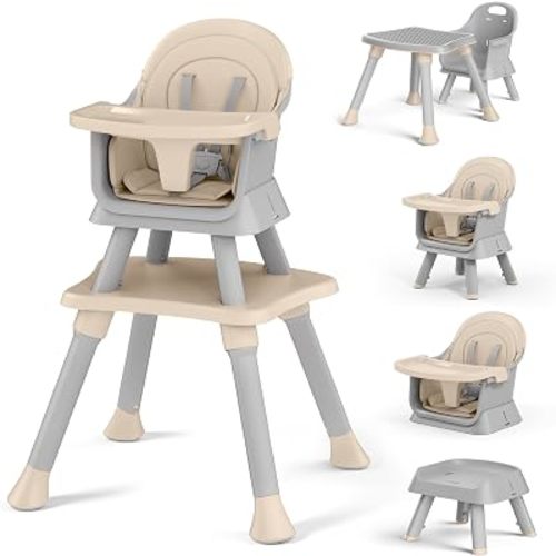 Kinder King 8 in 1 Baby High Chair, Coverts to Dining Booster Seat/Kids Table & Chair Set/Toddler Building Block Table/Kids Stool, Removable Tray & Double Seat Cover, Easy to Wipe, Grey & Coffee