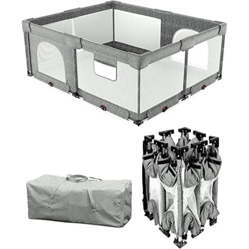 Foldable Baby Playpen with Non-Removable Thick Mat, Extra Large Collapsible Play Yard for Babies & Toddlers, Portable Travel Playpen with Gate, Safe Activity Center (59"×71" Grey)