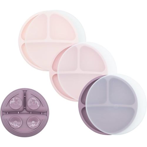 WeeSprout Suction Plates with Lids for Babies & Toddlers, 100% Silicone Dinnerware Stays Put, Divided Design for Picky Eaters, Microwave & Dishwasher Friendly, 3 Pack (Matte Pink, Purple, Blush Pink)