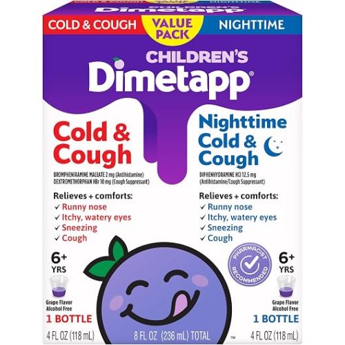 Children's Dimetapp Cold & Cough Value Pack, Antihistamine, Kids Cough Medicine, Grape Flavor, (2) 4 Oz Bottles – Packaging May Vary.