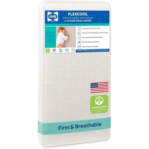 Sealy Baby Flex Cool 2 Stage Crib Mattress and Toddler Bed Mattress, Breathable Hybrid Coil Design, Waterproof Cotton Surface, GREENGUARD Gold Certified, Standard 52x28 Size