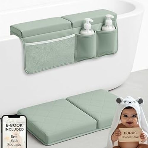 2inch XL Baby Bath Kneeler and Elbow Rest Pad Set + Hooded Towel - Embroidered Kneeling Pad for Bathing Baby - Dual-Layer Memory Foam Bathtub Kneeler and Elbow Rest Set