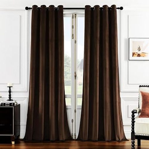 SMILETIME Brown 84in Long Luxury Velvet Curtain Panels with Grommet, Insulated Soft Privacy Noise Reducing Velvet Window Drapes Thicker Velvet Pinch Pleat Curtains for Living Room, 2 Panels, 52W x 84L