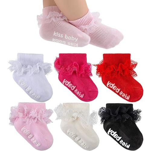 Baby Girl Ruffle Socks with Grips Turn Cuff Ankle Lace Frilly Dress Socks for Newborn/Infant/Toddler/Little Kids