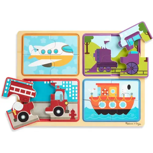 Melissa & Doug Natural Play Wooden Puzzle: Ready, Set, Go (Four 4-Piece Vehicle Puzzles)