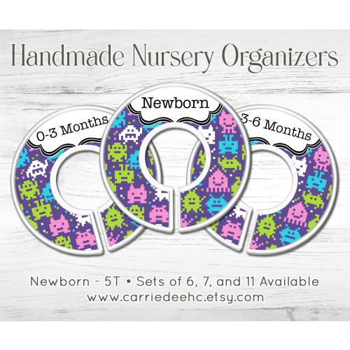 8 Bit Monster Baby Closet Dividers, Girls Retro Gamer Nursery Organizer, Pixel Monster Nursery Decor, Newborn to 5T Size Organizers