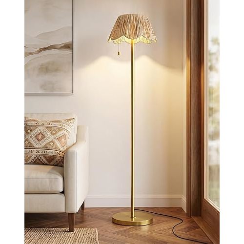 65" Boho Floor Lamps for Living Room, Rattan Floor Lamp for Nursery, Pull Chain Switch, Gold Standing Lamp with Hand-Woven Shade, Farmhouse Tall Lamps, Metal Base&Pole, Bulb not Included, Gold