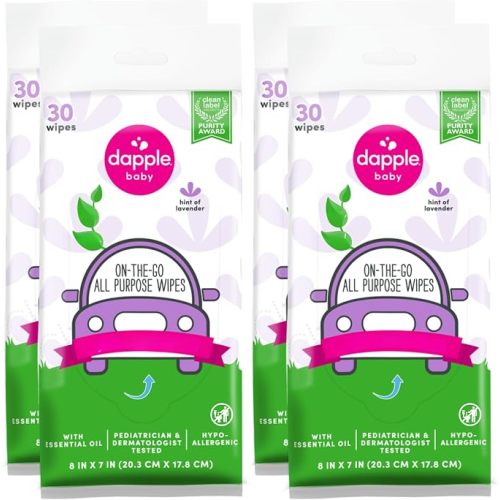 Dapple Baby All Purpose Cleaning Wipes - (2 Pack) 75 Count Canisters + (2 Pack) 30 Count Pouches - Plant-Powered & Hypoallergenic - Lavender Scent - Baby Essentials