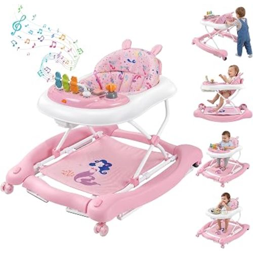5 in 1 Foldable Baby Walker with Wheels, Music and Lights Bouncer Combo, Rocker, Activity Center for Baby Boys Girls, Adjustable Speed and Height for 6-18 Months (Pink)