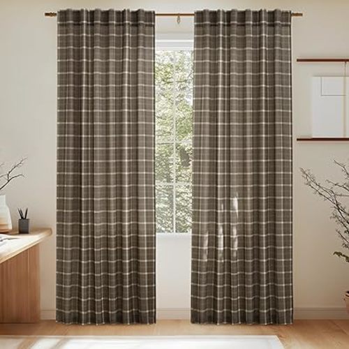 NICETOWN Plaid Print Linen Curtains 96 inches Long, Farmhouse Light Filtering Semi Sheer Curtains for Living Room Bedroom, Rod Pocket Back Tab, 1 Piar, W52 x L96, 1 Panel, Taupe