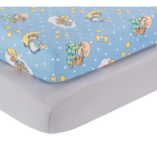 2 Pack Fitted Crib Sheets for Boys in 100% Jersey Knit Cotton – Blue and Yellow Precious Moments Design Plus Solid Gray Boy’s Crib Mattress Sheets by Everyday Kids
