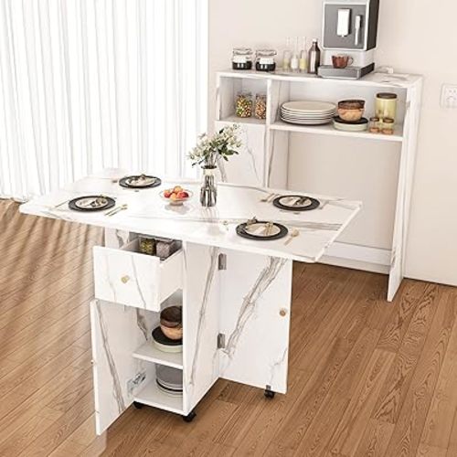Folding Dining Table with Wall Mounted Sideboard, Expandable Dining Table with Wheels, Entryway Table with Charging Station, Kitchen Table for Small Spaces (White)