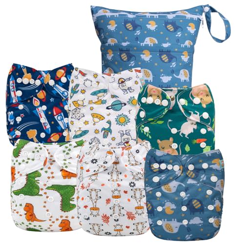 ALVABABY 6pcs Cloth Diaper Covers & 1 Wet Dry Bag, Washable Reusable Diaper Shell for Prefold with Multi-Functional Bag