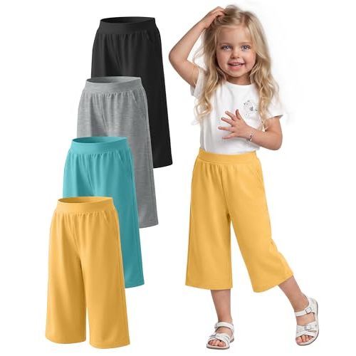 YooAurvox 4 Pack Toddler Girls' Capri Pants Baby Loose Wide Leg Pants Summer Casual Leggings Clothes with Pockets