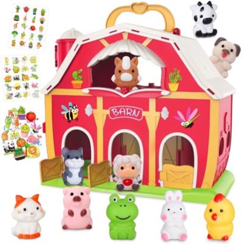 IYHN Big Red Barn Farm Animal Playset, Multipack Quantity Farm Toys with Animal Figures and DIY Stickers, Dollhouse Birthday Easter Gift for Age Toddler 12-18 Months
