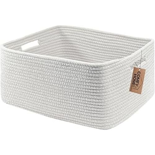 COMFY-HOMI Cotton Rope Woven Basket with Handles for Shelves,Toys,Book, Cloth Storage Baskets for Organizing-17" x 13" x 7.5" Toy Decorative Organizer for Living Room, Bathroom （All White）