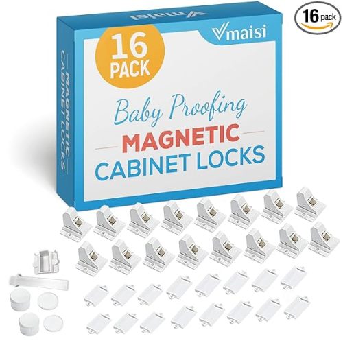 Vmaisi 16 Pack Child Safety Magnetic Cabinet Locks - Children Proof Cupboard Baby Locks Latches - Adhesive for Cabinets & Drawers and Screws Fixed for Protection
