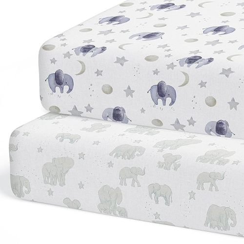 Crib Sheets Neutral - Fitted Baby Crib Sheets Bed for Girl Boy - 2 Pack Standard & Toddler Mattress (Watercolor Elephants) - Buttery Soft Organic Cotton Blend