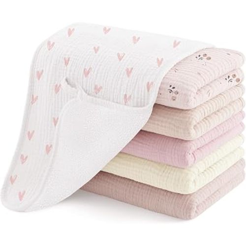 Susurration Muslin Burp Cloths for Baby 6 Pack Large 50 * 25cm Soft Baby Burping Cloths for Unisex Boys and Girls, Newborn Essentials Large Extra Absorbent Washcloths (Pink Brown)