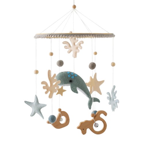 Coastal Ocean Baby Mobile Felt Whale & Sea Friends | Neutral Nursery Decor, Crib Mobile, Handmade Wool Felt Wood Hoop